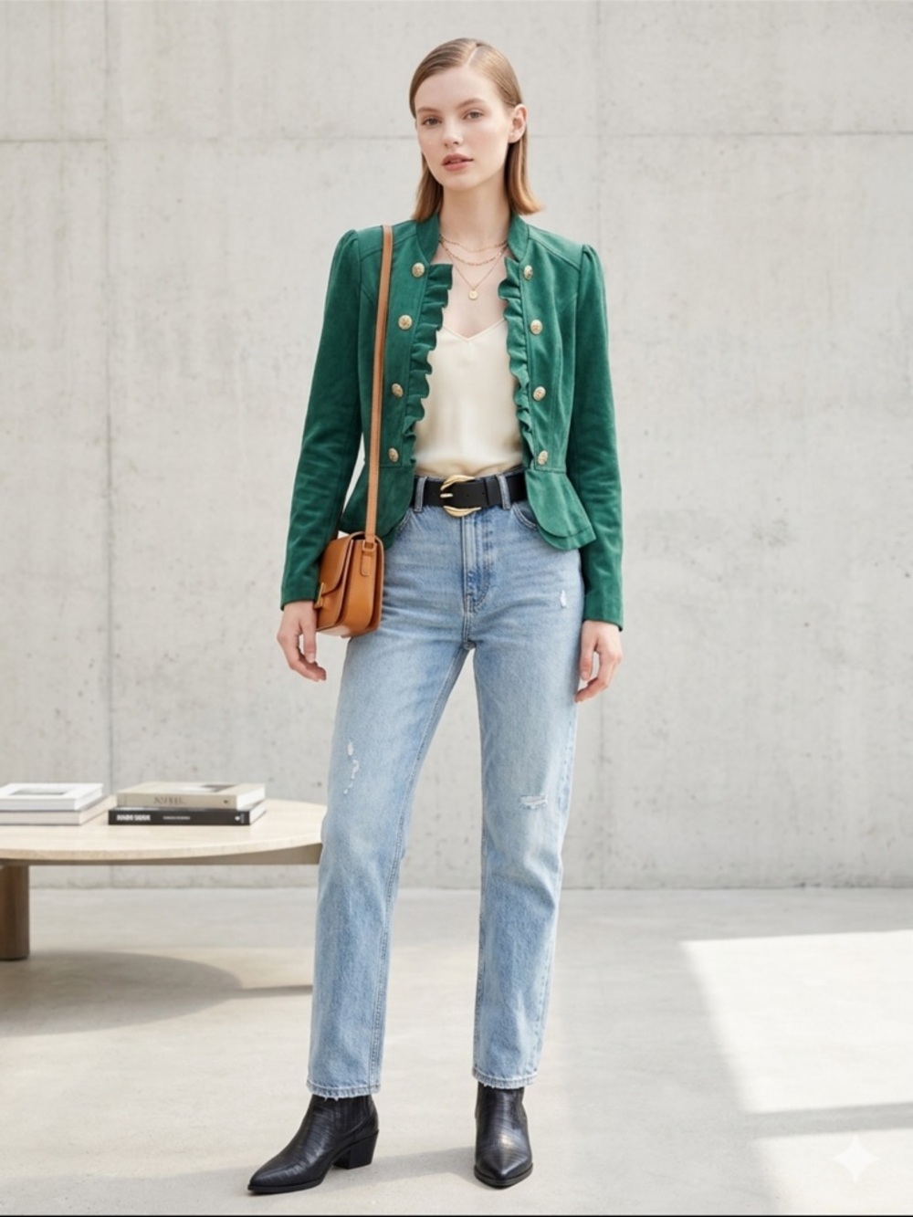 Women's Emerald Green Ruffled Blazer Jacket